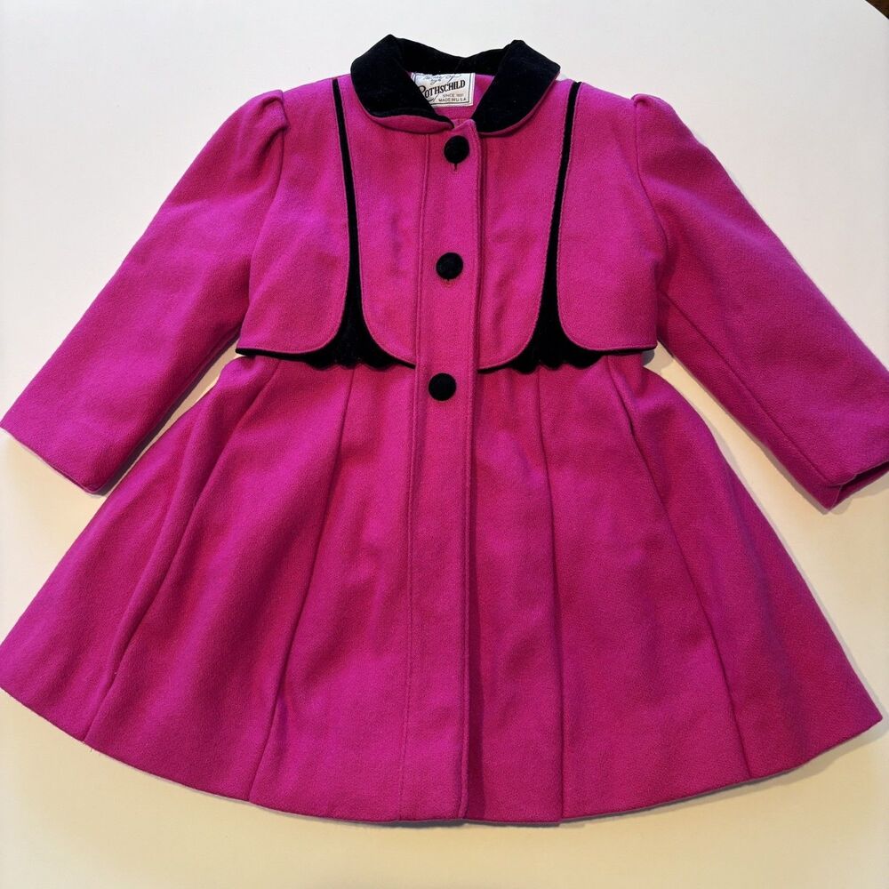 VTG Rothschild Pink Girls Wool Blend Coat Velvet Trim Fit Flare Classic Sz 5